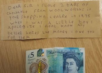 Thief gives shop £5 after stealing two bars of chocolates from the shop in 1975