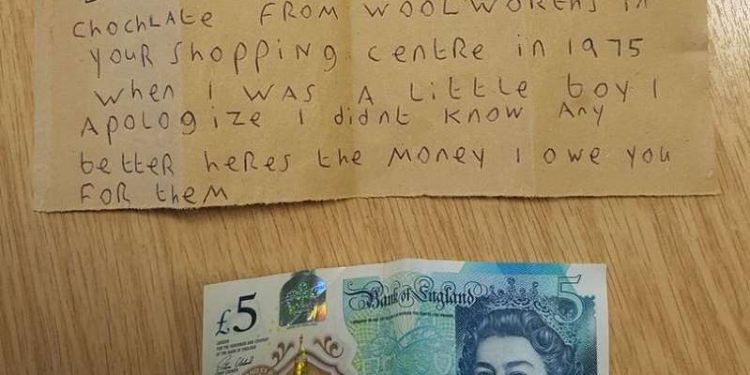 Thief gives shop £5 after stealing two bars of chocolates from the shop in 1975