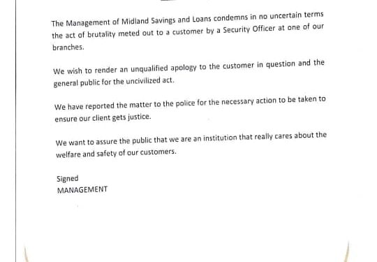 Midlands Savings and Loans apologies for the assault on a customer in its banking all