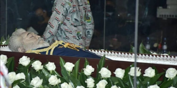 Photo of Ex-Prez Rawlings body lying in state goes viral despite ban on cameras at viewing