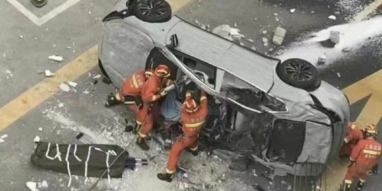 Two killed as Nio electric car falls from third floor office in Shanghai