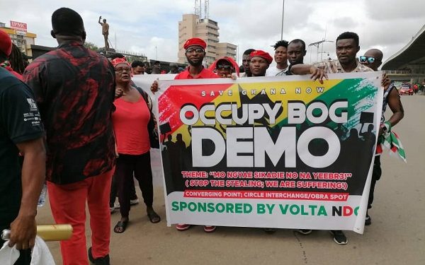 Protesters gather at Obra Spot in Accra for #OccupyBoG demonstration